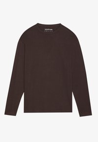 Brown long-sleeve shirt made of soft cotton fabric. Features a crew neck and a relaxed fit with stitched hems. Simple and versatile design.