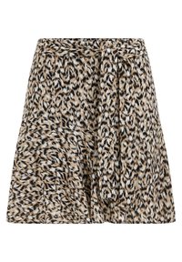 Luipaardprint rok in beige, zwart en wit. Kenmerkt zich door een gestrikte taille, een uitlopende snit en een lichte stof.