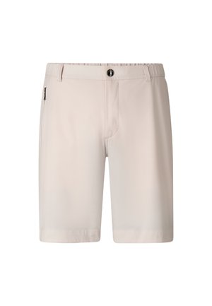 Beige knielange korte broek met knoopsluiting, riemlussen en een zijzak met rits, weergegeven tegen een witte achtergrond.