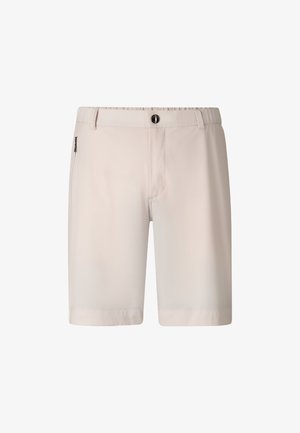 Beige knielange korte broek met knoopsluiting, riemlussen en een zijzak met rits, weergegeven tegen een witte achtergrond.