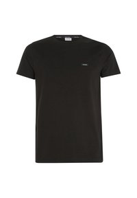 Musta lyhythihainen T-paita, valmistettu puuvillasta, jossa vasemmassa rinnassa pieni suorakaiteen muotoinen brändilogon korostus ja klassinen pyöreä pääntie.