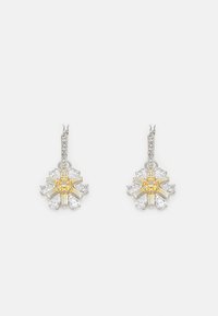 Cercei din aur și argint, cu un design floral, ornamentați cu pietre prețioase clare și galbene. Accentele din metal texturat îmbunătățesc detaliile generale.