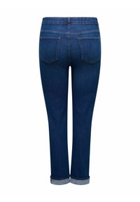 Tamsiai mėlyni džinsai su tiesiu pėdsaku, suktomis rankovėmis ir dviem galinėmis kišenėmis, turinčiomis paprastą siūlės dizainą. Lygus paviršius.