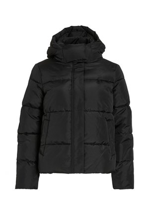 Μαύρο μπουφάν τύπου puffer με ψηλό γιακά, οριζόντια καπιτονέ μοτίβα και εμπρόσθιο φερμουάρ. Διαθέτει τσέπες και ελαφρώς cropped σχεδιασμό.