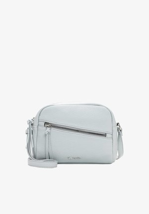 Sac bandoulière gris clair avec finition texturée, poche avant zippée et bandoulière ajustable, isolé sur fond blanc.