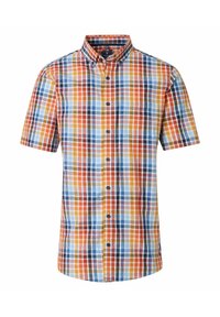 Kortærmet, knap-lukket skjorte med et flerfarvet ternet mønster i orange, blå, brun og creme; frontlomme; krave.