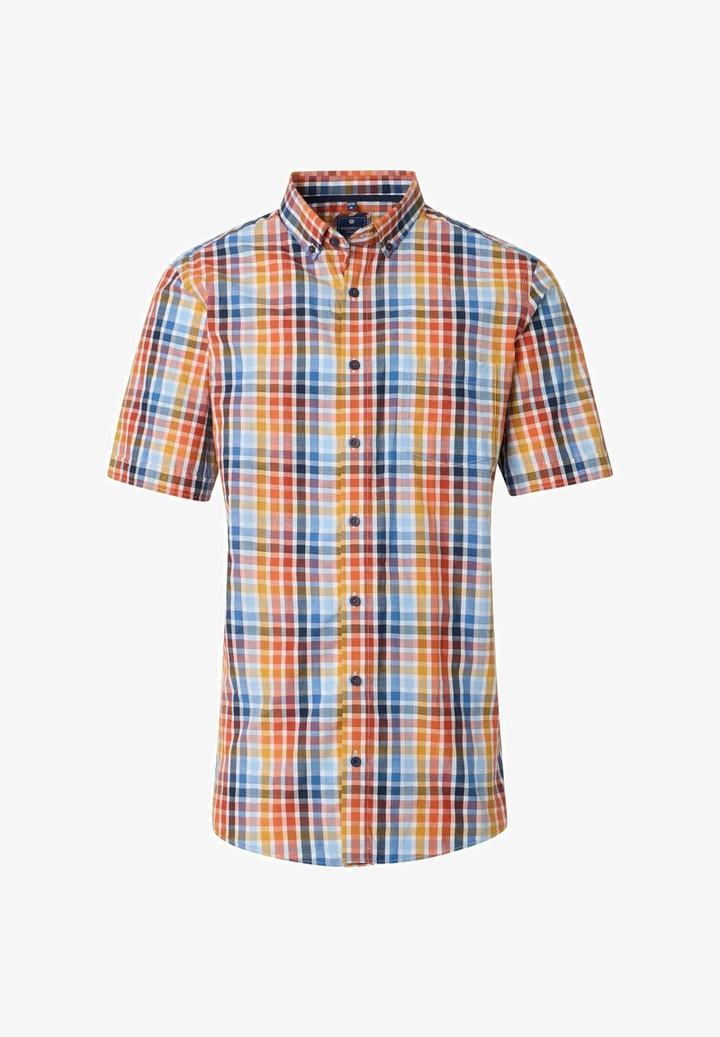 Kortærmet, knap-lukket skjorte med et flerfarvet ternet mønster i orange, blå, brun og creme; frontlomme; krave.