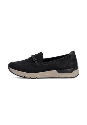 Schwarzer Slip-on-Schuh mit beiger Sohle, dekorativem Knoten oben und geprägtem Logo an der Ferse, entworfen für den Freizeitgebrauch.