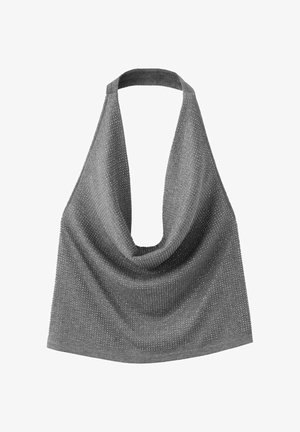 Graues Halstop aus metallischem Strickstoff, mit einem drapierten Ausschnitt und einer Textur, die subtile, reflektierende Fäden enthält.