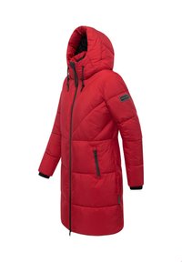 Red padded parka with a large hood, zippered pockets, and black accents. Features quilted design and elastic cuffs for warmth.