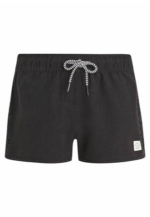 Pantalones cortos de baño negros con un tejido texturizado, cinturilla elástica y cordón blanco. Los paneles laterales presentan un detalle perforado. Parche de logo pequeño.