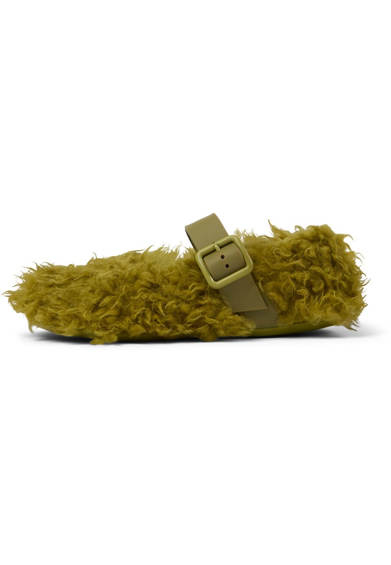 Fuzzy green slide sandal with a textured, furry upper and a solid strap featuring a square buckle, offering a wide toe box and flat sole.