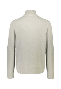 Ljust grå ribbad tröja med hög krage, långa ärmar och avslappnad passform. Det strukturerade tyget har vertikala ränder.