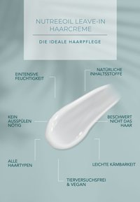 Nutreeoil Leave-in-Haarcreme, weiße Creme-Textur vor einem sanften blauen Hintergrund, betont Feuchtigkeit und natürliche Inhaltsstoffe.
