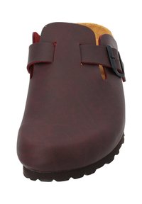 Zoccolo in pelle marrone con punta arrotondata, due dettagli a strappo, una fibbia nera e un interno in suede beige. Suola in gomma testurizzata.