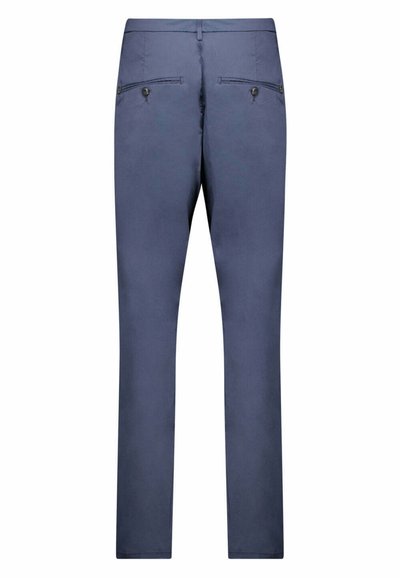Pantaloni navy con vestibilità dritta, caratterizzati da due tasche posteriori con bottoni e una texture liscia. Design semplice, senza motivi visibili o dettagli metallici.
