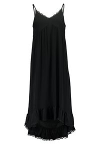 Musta ilmanhiha yömekko, jossa on pitsireunus ja rutistettu helma, valmistettu pehmeästä kankaasta, rento malli ja polvimittainen muotoilu.