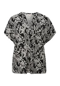 Zwart-witte blouse met paisleypatroon, v-hals, korte mouwen en knoopdetails. Gemaakt van lichtgewicht stof met een losse pasvorm.