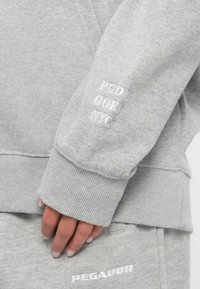 Sweatshirt cinza-claro com punhos canelados, apresentando o texto bordado "PGDR GOES NYC" na manga esquerda. Tecido suave e texturizado.