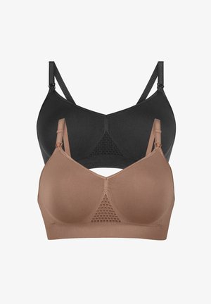 Du ori belaidžiai liemenėlės juodos ir smėlinės spalvos. Lygus audinys su kvėpuojančiu tinkleliu centre. Reguliuojamos petnešėlės su nepastebimu aparatūra.