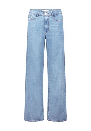 Light blue denim wide-leg jeans with a high waist, featuring a front button closure, belt loops, and two side pockets.