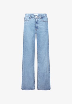 Light blue denim wide-leg jeans with a high waist, featuring a front button closure, belt loops, and two side pockets.