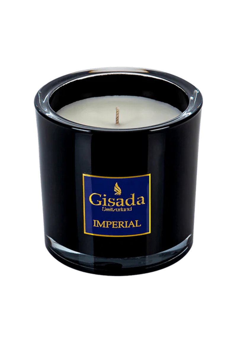 Zwarte glazen kaarsenpot met een witte wascentra en een katoenen lont. Blauwe label toont "Gisada Zwitserland" en "IMPERIAL" in gouden letters.