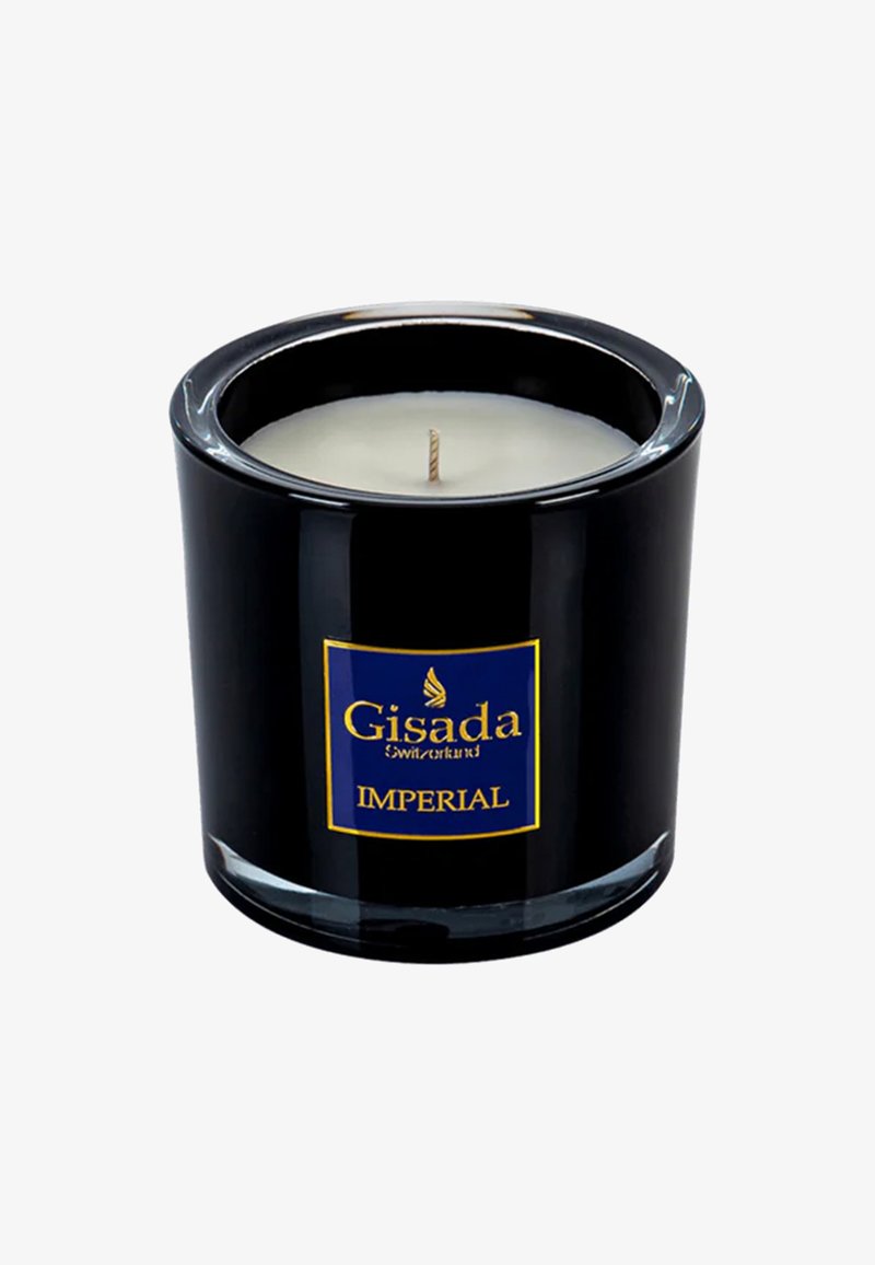 Zwarte glazen kaarsenpot met een witte wascentra en een katoenen lont. Blauwe label toont "Gisada Zwitserland" en "IMPERIAL" in gouden letters.