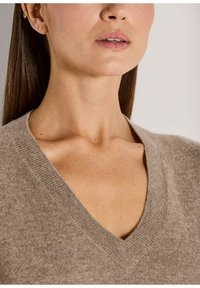 Lichtbruin gebreide trui met een diepe V-hals en geribbelde afwerking, gemaakt van zachte stof. Heeft een gladde textuur zonder opvallende patronen.