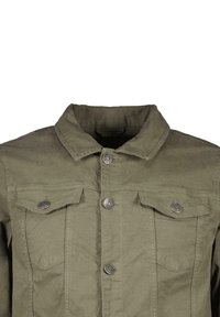 Olijfgroene spijkerjack met een omvouwbare kraag, voorflapzakken en metalen drukknopen. Gestructureerde stof met zichtbare stiksels.