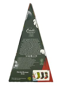 Packaging a forma di triangolo di colore verde con design floreale colorato; contiene istruzioni per la cura e intervallo delle taglie per calze (38-45).