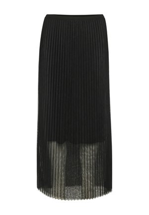 Crna plisirana suknja srednje dužine, s mekom, lepršavom teksturom i elastičnim pojasom za udobnost i lakoću nošenja.