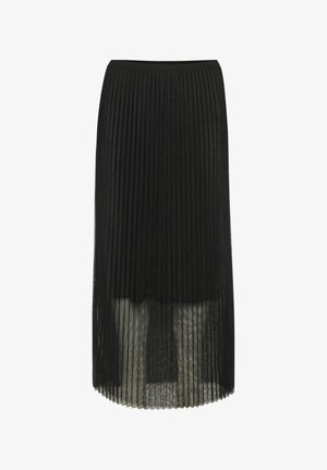 Crna plisirana suknja srednje dužine, s mekom, lepršavom teksturom i elastičnim pojasom za udobnost i lakoću nošenja.