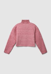 Pinkes, kurz geschnittenes Sweatshirt aus strukturiertem Strickmaterial mit hohem Kragen und weit geschnittenen, tief angesetzten Schultern.