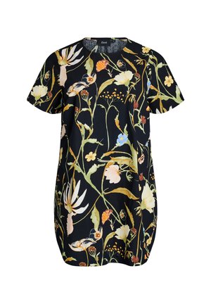 Schwarzes Kleid mit kurzen Ärmeln und rundem Ausschnitt, mit einem mehrfarbigen Blumen- und Blättermuster in Gelb-, Orange-, Grün- und Blautönen.