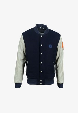 Marineblauwe wolmix varsity-jack met crèmekleurige leren mouwen, drukknoopsluiting, twee zijzakken, geborduurd logo op de borst en geribbelde manchetten.