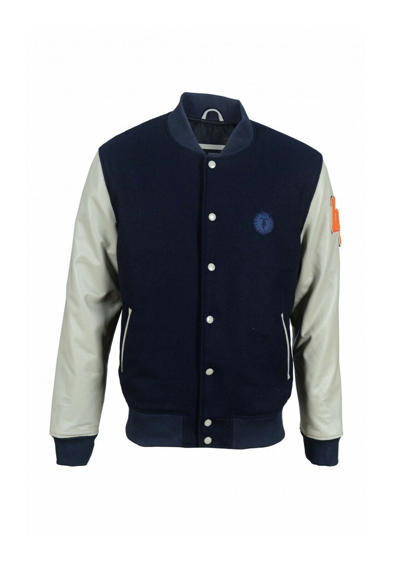 Námořnická vlněná varsity bunda smíchaná s vlnou, s krémovými koženými rukávy, patentkami, dvěma bočními kapsami, vyšívaným logem na hrudi a žebrovanými manžetami.