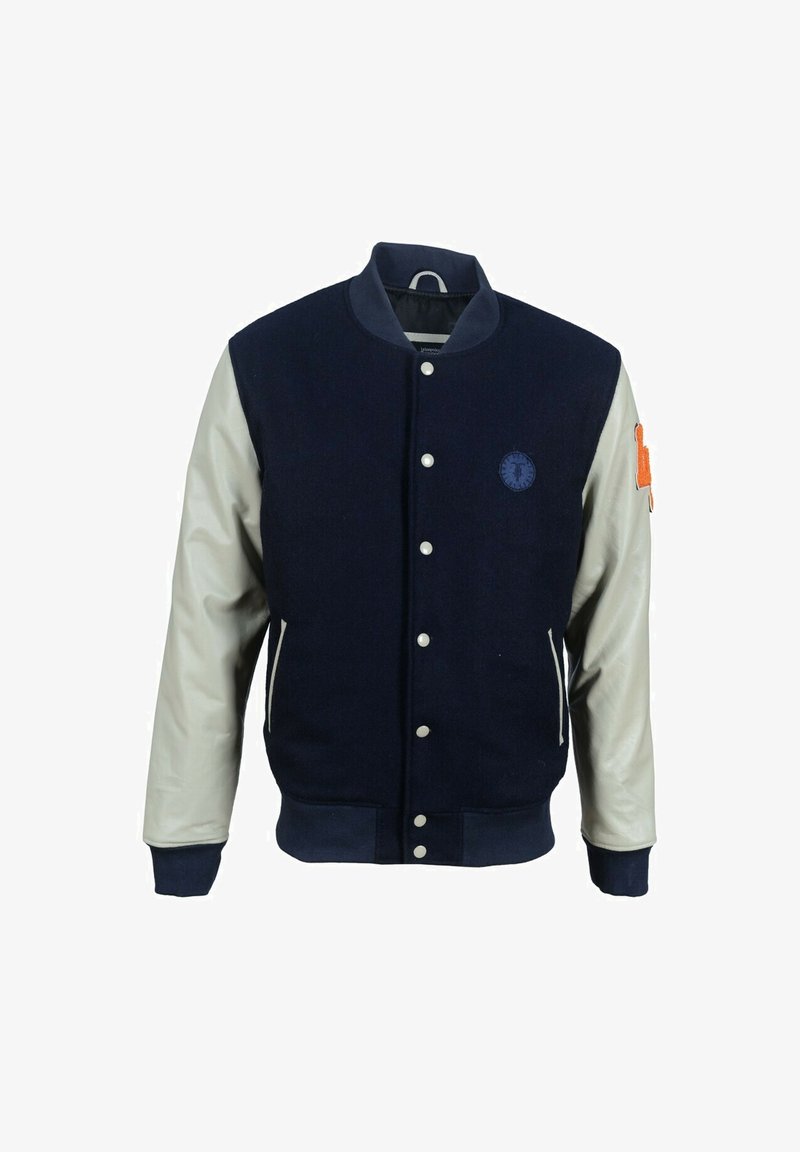 Námořnická vlněná varsity bunda smíchaná s vlnou, s krémovými koženými rukávy, patentkami, dvěma bočními kapsami, vyšívaným logem na hrudi a žebrovanými manžetami.