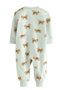 Babybody met lange mouwen in lichtmintgroene stof, met een herhaald tijgerpatroon in tinten oranje en zwart, en aansluitende manchetten.