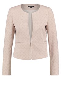 Blazer rosa chiaro con design strutturato, caratterizzato da un colletto rotondo e delicato motivo foglia embossato. Maniche lunghe e senza chiusura.