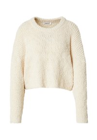 Gekürzter Pullover in sanftem Creme mit strukturiertem, flauschigem Strick, weiten Ärmeln und rundem Halsausschnitt. Markenlabel ist innen sichtbar.