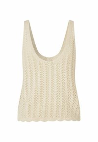 Knit-Top in cremiger Farbe mit Rundhalsausschnitt, gerippter Textur und gewelltem Saum im vertikalen Streifenmuster.