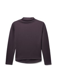 Maglietta a maniche lunghe di un profondo colore viola, realizzata in tessuto liscio. Presenta un collo alto e un orlo curvo senza motivi o accenti visibili.