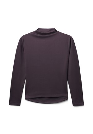 Haut à manches longues d'une couleur violet profond, fabriqué en tissu lisse. Il présente un col montant et un ourlet courbé sans motifs ni accents visibles.