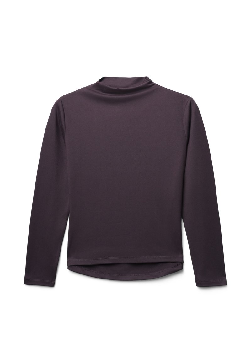 Maglietta a maniche lunghe di un profondo colore viola, realizzata in tessuto liscio. Presenta un collo alto e un orlo curvo senza motivi o accenti visibili.