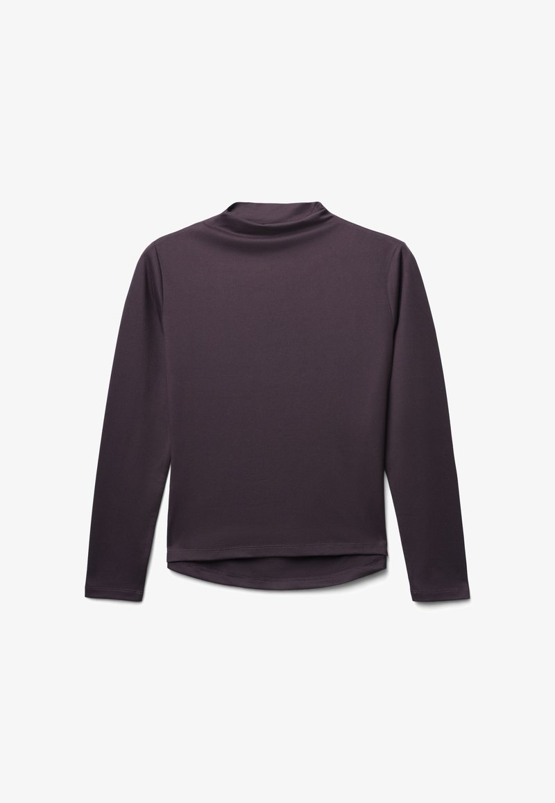 Maglietta a maniche lunghe di un profondo colore viola, realizzata in tessuto liscio. Presenta un collo alto e un orlo curvo senza motivi o accenti visibili.