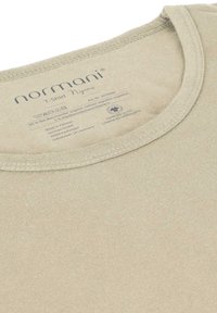 Hellbeige T-Shirt mit rundem Halsauschnitt, hergestellt aus 95% Bio-Baumwolle und 5% Elasthan. Verfügt über eine glatte Textur und flache Nähte.