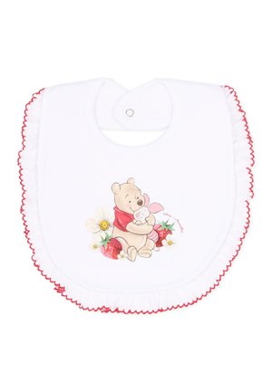 Bavoir blanc pour bébé avec des bords festonnés rouges, représentant Winnie l'ourson en train de câliner un lapin rose entouré de fraises et de fleurs blanches.