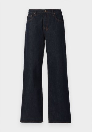 Dark blue wide-leg jeans made of denim, featuring orange stitching, two front pockets, and a button closure at the waistband.