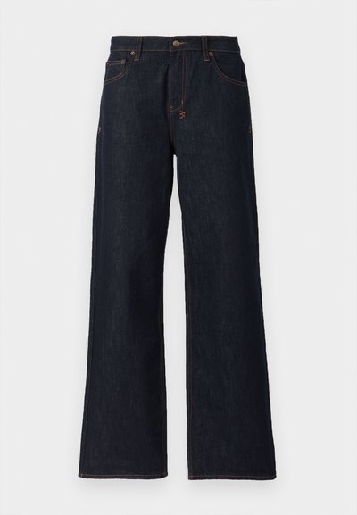 Temno modre široke kavbojke iz denima, z oranžnim šivanjem, dvema sprednjima žepoma in gumbom za zapiranje na pasu.